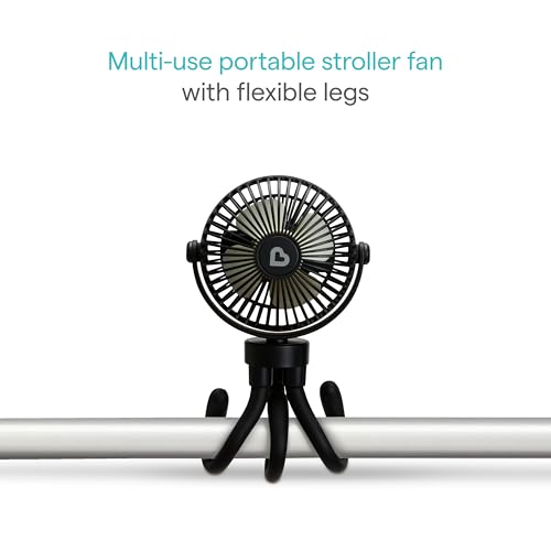 Munchkin Stroller Fan - Portable Fan for Travel, Baby Gear Accessory with 4 Speeds, Flexible Clip-on Leg Attachment, Rechargeable Battery, Black with Multicolored LED Lights