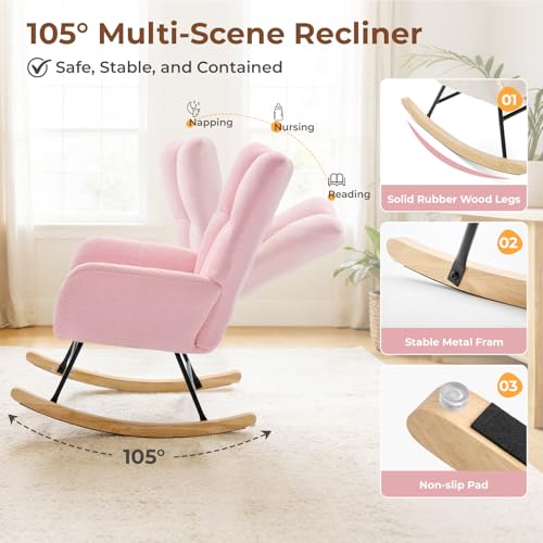 DUMOS Nursery Rocking Chair Teddy Upholstered, Comfy Glider Rocker with High Backrest Armchair Padded Seat, Accent Side Chair for Living Room Bedroom Offices Small Spaces Indoor, Pink