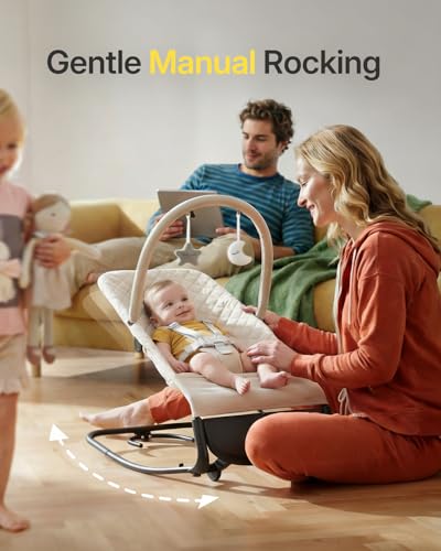 Electric Baby Bouncer Seat with Auto Rocking, 3-in-1 Infant Bouncer & Rocker Chair, Adjustable Height, Battery or Plug-in Powered, Music & Play Bar, Portable Baby Bouncer for Babies 0-12 Months