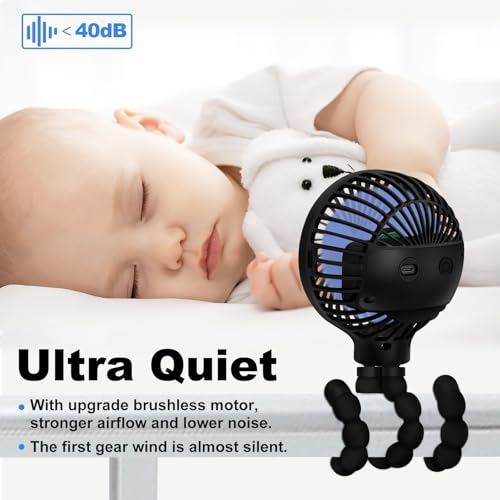 TRELC Mini Stroller Fan, 19H Battery Life, Personal Handheld Clip on Portable Rechargeable Fan with Flexible Tripod, Gift for Children Baby Car Travel BBQ Gym (Black, 4000mAh)