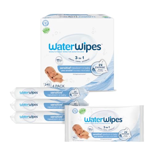 WaterWipes Sensitive+ Newborn & Baby Wipes, 3-In-1 Cleans, Cares, Protects, 99.9% Water, Unscented & Hypoallergenic, 240 Count (4 Packs)