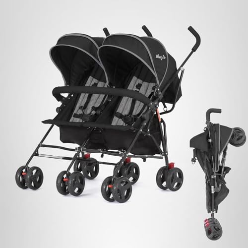 Dream On Me Volgo Twin Baby Stroller, Lightweight Side-by-Side Double Umbrella Stroller with Adjustable Canopy, 5-Point Harness, Storage Basket & Travel-Friendly Fold – Black