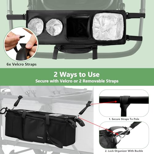 Double Stroller Organizer for Bob Duallie with 2 Insulated Cup Holders & Cooler Bag, Baby Jogger City Mini Gt2 Jeep Double Stroller Caddy Accessories, Universal Parent Console Stroller Organizer
