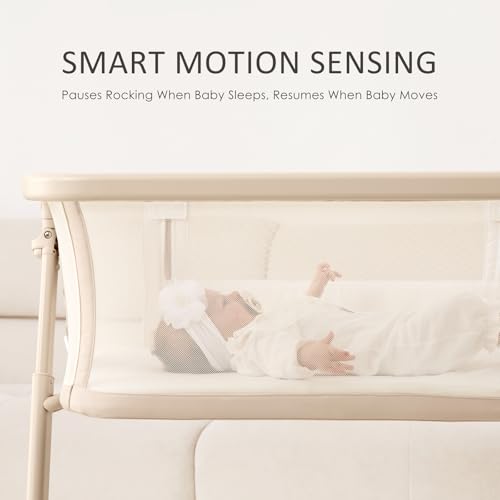 ANGELBLISS Electric Baby Bassinet Bedside Sleeper with Auto Rocking, Remote/Touch Control, 3 Timer Modes, 12 Sounds, 6 Heights, Storage & Wheels (Beige)