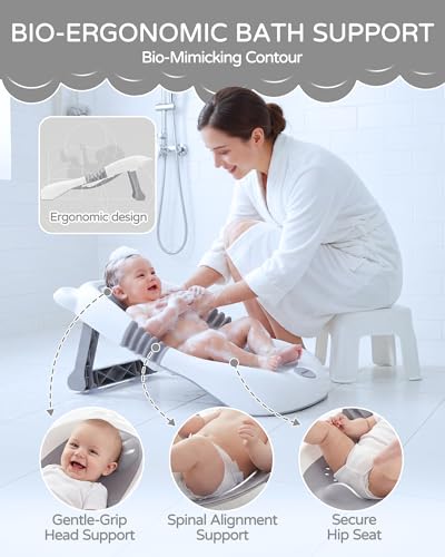 ISELECTOR Baby Bath Support Foldable Baby Bathtub Bath Tub for Newborn Infant Baby Bath Seat with Non-Slip Suction Cup 0-6 Months Infant Essentials Must Haves Ideal for Newborn Gifts (Grey)