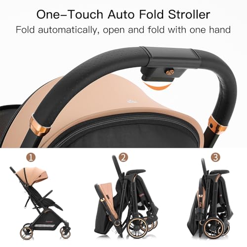 Gromast Gravity Folding Baby Stroller - Portable Travel Toddler Stroller w/Adjustable Backrest, Canopy & Cup Holder, Lightweight and UV Protected, One-Hand Automatic Folding - Khaki