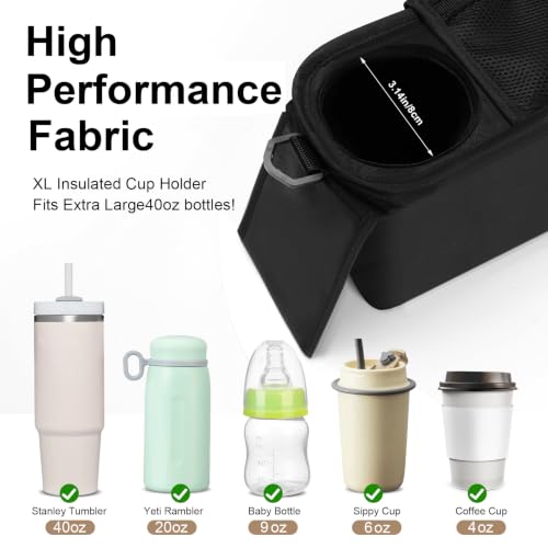 Kovire Black Universal Stroller Organizer with 2 Insulated Cup Holders, 3-in-1 Stroller Caddy with Detachable Phone Bag & Non-Slip Shoulder Strap, Fits Uppababy, Nuna, Doona, Baby Essentials