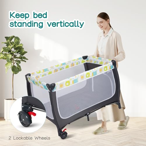 ANNA QUEEN 4 in 1 Pack and Play,Portable Baby Crib Deluxe Nursery Center, Foldable Travel Playard,Adjustable Canopy,Music Box,Changing Table for Newborn, Infant,Toddler