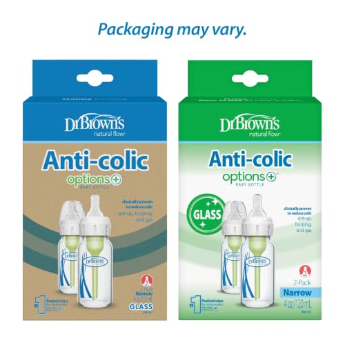 Dr. Brown's Anti-Colic Options+ Narrow Glass Baby Bottle with Level 1 Slow Flow Nipple, BPA-Free, 4 oz/120mL, 0m+, 2-Pack (Packaging May Vary)