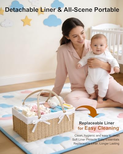 FUFAXHX Large Baby Diaper Caddy Basket - Wicker Paper Rope Storage Baskets Portable Woven Car Organizer for Diapers With Cotton Divider Brown