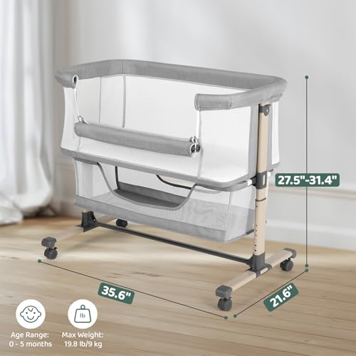 Cowiewie Bassinet Bedside Sleeper, Portable, Breathable, Adjustable Baby Bedside Bassinet for Peaceful Nights, Light Grey