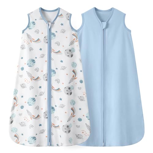 Nyessmee Baby Sleep Sack 0-6 Months 0.5 TOG, 100% Cotton Baby Wearable Blanket 2 Pack with 2-Way Zipper, Lightweight Sleep Bag for Boys ＆ Girls Newborn Infant Breathable Sleeing Sack Blue Rokets