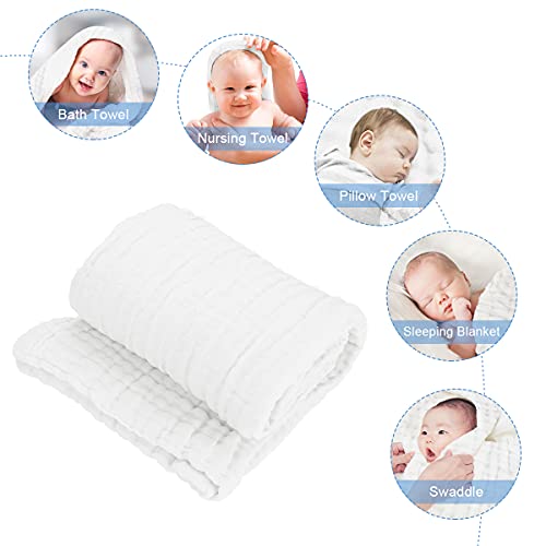 FOOK FISH Muslin Baby Towel Muslin Cotton 2-Pack 6-Layer Large Size 40" x 40" Cotton Baby Bath Towels Triple Absorbency and Quick-Drying (White)