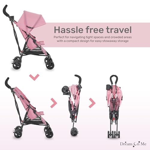 Dream On Me Rover Convenience Baby Stroller – Lightweight & Compact Travel Umbrella Stroller, Quick One-Hand Fold, Lockable Rear Wheels, Adjustable Canopy, 3-Point Safety Harness & Cup Holder - Pink