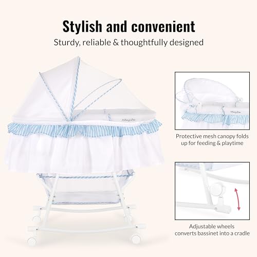 Dream On Me Lacy Portable 2-in-1 Bassinet & Cradle with Full Canopy, Storage Basket, Locking Wheels, Lightweight Frame, BSA Certified, Includes 1” Mattress Pad-Pink an White
