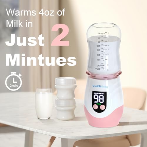 CuddleeBaby Portable Bottle Warmer for Travel, Cordless Baby Bottle Warmer, Rechargeable, 8 Adapters, 1 Milk Powder Container, Compatible with Most Bottle, Fast Heating, Pink