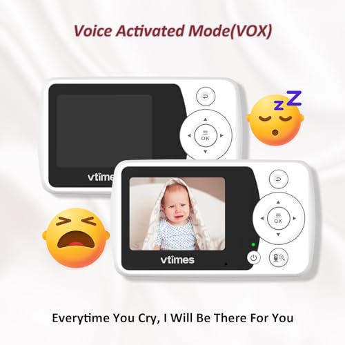 VTimes Baby Monitor with Camera and Audio, No WiFi, 2.4" LCD Screen, Two-Way Talk, Portable, Night Vision, 1000ft Range, Temperature Sensor, Alarm and Lullaby, for Baby Shower