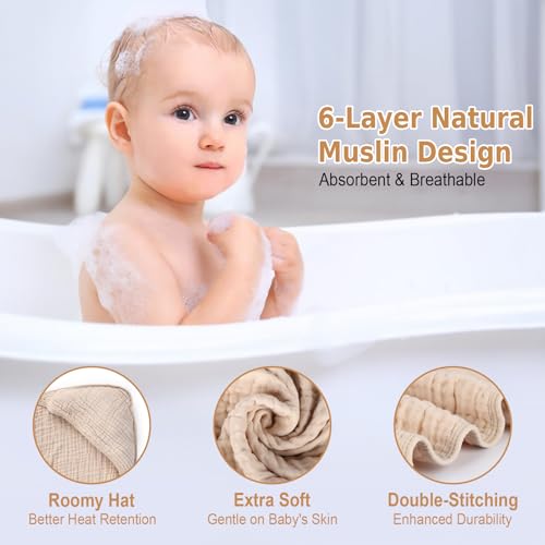 ZOLLEFY 2 Pack Baby Hooded Bath Towel Muslin Cotton 32x32 Inches Brown and Misty Blue Neutral Style Elegant Colors Ultra Soft Absorbent