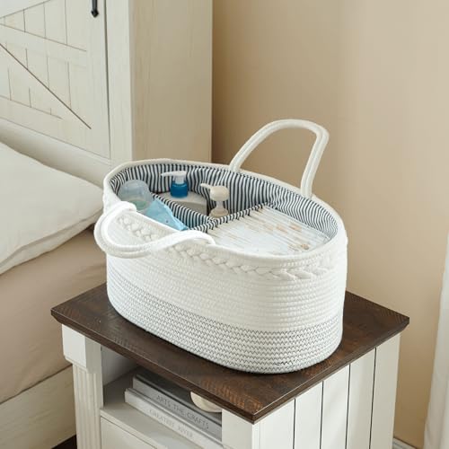 luxury little Diaper Caddy Organizer, Large Cotton Rope Nursery Baby Basket, Changing Table Organizer for Baby Diaper Storage, Portable Car Organizer Removable Divider (Off White, Extra Large)