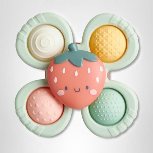 Itzy Ritzy Pop & Whirl – Fidget Spinner Travel & Bath Toy for Babies & Toddlers – Fidget w/Textured Silicone Popper to Develop Fine Motor Skills –Sticks to Highchairs, Tables, Tubs, More (Strawberry)