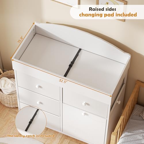 DTK Baby Dresser with Changing Table Top,4-Drawers Changing Table Dresser with Tile-Out Trash Cabinet and Pull-Out Shelf,Diaper Changing Station with Waterproof Pad and Storage for Nursery,White