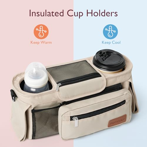 Momcozy Universal Baby Stroller Organizer, 2 Insulated Cup Holder, Detachable Zippered Pocket, Adjustable Shoulder Strap, Large capacity for baby essentials, Compact Design Fits Any Strollers
