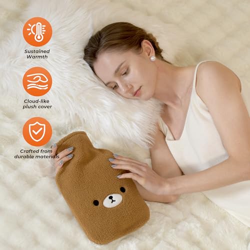 samply Hot Water Bottle with Cute Fleece Cover, Hot Water Bag for Hot and Cold Compress, Hand Feet Warmer, Ideal for Neck and Shoulder, Brown Bear