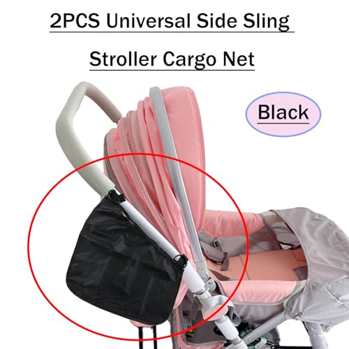 2PCS Universal Side Sling Stroller Cargo Net,Portable Storage Mesh Bag,Stroller Storage Organizer Bag,Non-Slip and Adjustable Straps Side Sling Mesh Organizer(Black)