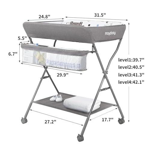 Baby Changing Table with Wheels, Maydolly Portable Adjustable Height Folding Diaper Station with Nursery Organizer & Storage Rack for Newborn Baby and Infant (Light Grey)