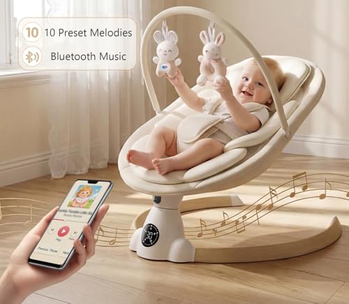 Baby Swing for Infants, Portable Electric Baby Swings with Bluetooth, 5 Swing Speed, 10 Melodies, 5-Point Harness, Remote Control & Touch Panel - Infant Swing for Indoor & Outdoor Use, Beige
