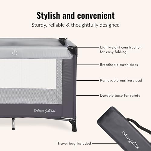 Dream On Me Nest Portable Baby Playard, Lightweight Foldable Travel Play & Nap Space with Carry Bag, Breathable Mesh Sides for Infants & Toddlers, Compact Indoor Outdoor Use, Grey