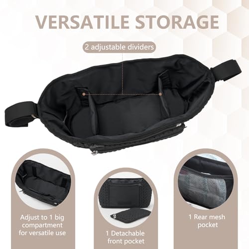 LUKJOJO Stroller Organizer - Stylish Quilting Nylon, Universal Fit, Detachable Bag, Adjustable Multi-Storage for Baby Stroller and Pet Stroller（Black-A