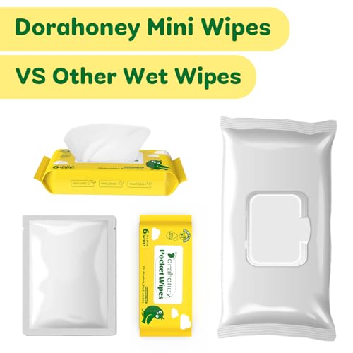 Dorahoney Unscented Travel Wet Wipes, 99% Purified Water Mini Wipes for Sensitive Skin, Hypoallergenic & Plastic-Free Pocket Wipes, 48 Count (8 Packs of 6)