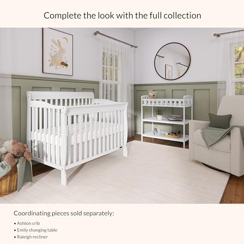 Dream On Me Emily Changing Table, Compact and Lightweight, Solid New Zealand Pinewood, Elevated Safety Rails, Two Storage Shelves, Includes Water-Resistant 1" Changing Pad — White