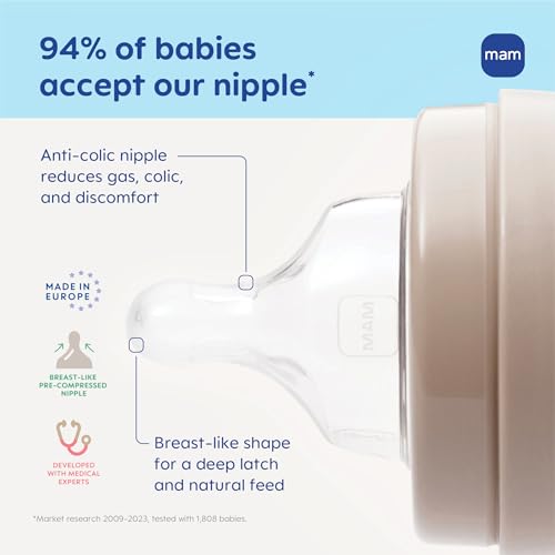 MAM 9oz Easy Start Anti-Colic+ Wide Neck Vented Baby Bottle, Medium Flow Breastfeeding-Like Nipple, Reduces Colic Gas & Reflux, Easy to Clean, BPA Free, 2+ Months, Made in Europe, 2 Pack, Unisex