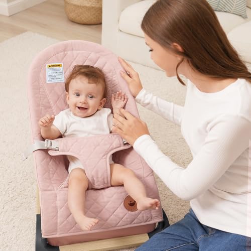 ANGELBLISS Baby Bouncer, Portable Bouncer Seat for Babies, Infants Bouncy Seat with Cotton Fabric, Natural Vibrations (Pink)