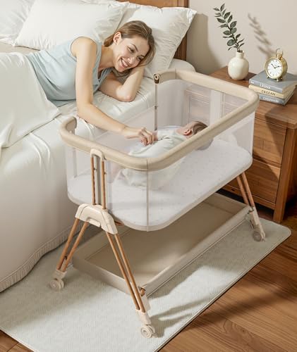 Fodoss Baby Bassinets Bedside Sleeper - 3-in-1 Baby Bassinet with Wheels, Soft Mattress, Storage Tray, Full-Mesh Sides, 7-Height Adjustable Crib for Newborns