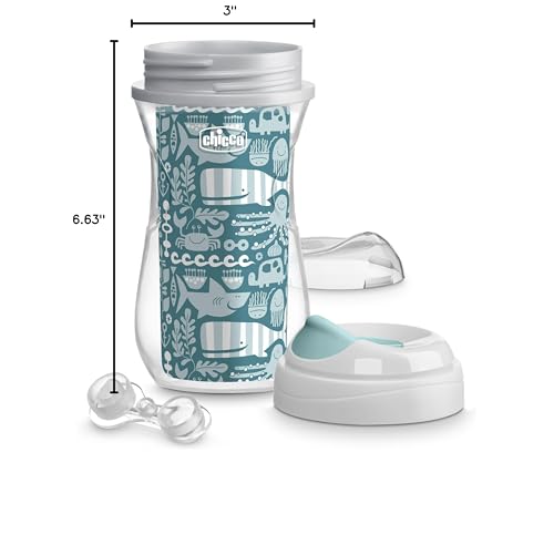 Chicco Insulated Sippy Cup 12+ Months, 9oz Toddler Training Cup with Bite-Resistant No-Spill Rim Spout, Double-Wall, BPA-Free, 2-Pack, Ocean Print/Surf
