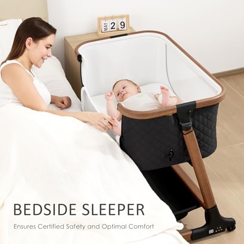 ANGELBLISS Electric Baby Bassinet Bedside Sleeper with Auto Rocking, Remote/Touch Control, 3 Timer Modes, 12 Sounds, 6 Heights, Storage & Wheels (Black)