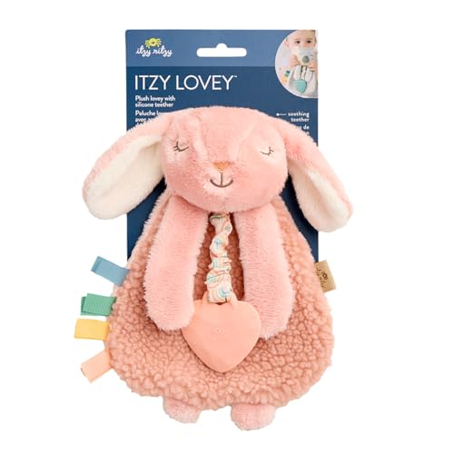 Itzy Ritzy - Itzy Lovey Including Teether - Baby Lovey with Teether, Textured Ribbons & Dangle Arms - Features Crinkle Sound, Sherpa Fabric and Minky Plush (Pink Bunny)