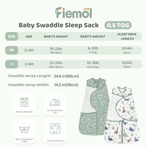 FIEMOL Baby Swaddle Sleep Sack 3-6 Months, Cotton Swaddles for Newborns Boys Girls, 2-Way Zipper Transitional Infant Wearable Swaddling Blanket with Quiet Closure, 0.5 TOG 2 Pack Soft Green Dinosaur