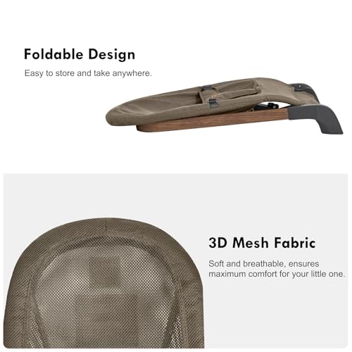 Foldable Baby Bouncer, Baby Bouncer Seat with 3 Adjustable Heights, Portable Newborn Rocker, Ergonomic Bouncer Seat for Natural Bounce, Bouncer for Babies 0-6 Months, Breathable Mesh (Light Brown)