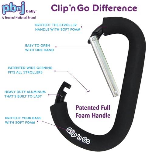 PBnJ Baby Stroller Hooks, 6.6" Extra Large Carabiner Clip, 2 Pack — Heavy Duty Stroller Clips for Hanging Bags, Patented Foam Handle Mommy Hook, Stroller Accessories for Shopping Purse Grocery Bag