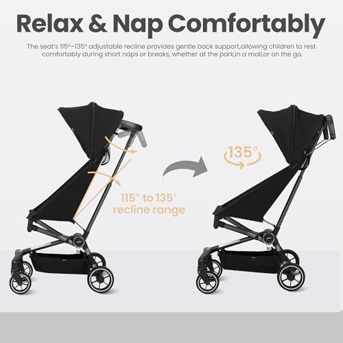 QPlay Travel Stroller for Baby & Toddlers Ages 6 Months to 4 Year Old – 9.48lbs Lightweight & Ultra-Compact Umbrella Stroller with One-Hand Fold, Airplane Carry-on Size, Reclining Seat (Black)