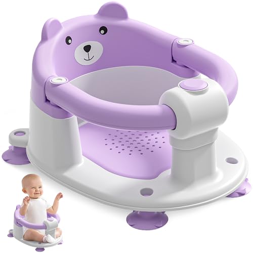 Baby Bath Seat for Babies 5-10 Months, Non-Slip Toddler Bath Seats for Babies Sitting Up, Safe Infant & Newborn Bathtub Chair with 4 Suction Cups & Soft Cushion for Shower,Lavender