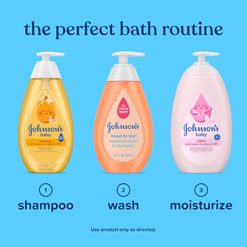 Johnson's Baby Head-To-Toe Gentle Baby Moisture Tear Free 2 in 1 Baby Wash & Shampoo, Baby Essentials, Hypoallergenic and pH Balanced, Stress Free Bathing, 13.6 Fl Oz
