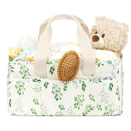 BuyCard Leaf Pattern Diaper Caddy Organizer, Nursery Storage Basket with Handle, Baby Essentials Holder, Cream with Green Floral Design