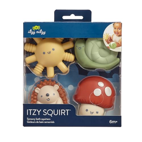 Itzy Ritzy Water-Squirting Sensory Bath Toys – Soft, Textured & Easy to Squeeze for Babies & Toddlers – Characters for Fun & Motor Skill Development - Set of 4 Includes Sun, Snail, Mushroom & Hedgehog