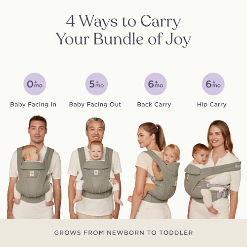 Ergobaby Omni Deluxe Baby Carrier for Newborn to Toddlers 0-48 Months (7-45 lbs) - 4-Position Breathable Mesh Baby Carrier with Ergonomic Support, Storage Pockets, and Sun Hood - Soft Olive