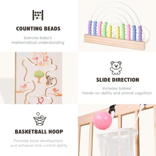 Ulnxiy Wooden Baby Playpen with Montessori Toys, 8-Panel Foldable Wood Play Yard for Toddlers, 56"x56" Large Baby Fence with Safety Lock, CPC Certified Natural Pine Wood Activity Center